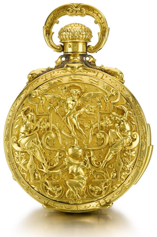 Master of Time: An impressive and very rare gold hunter cased keyless lever minute repeating triple calendar pocket watch with retrograde date and moon phases by LeCoutre, Geneve with gold chased case by Bapst and Falize, Paris