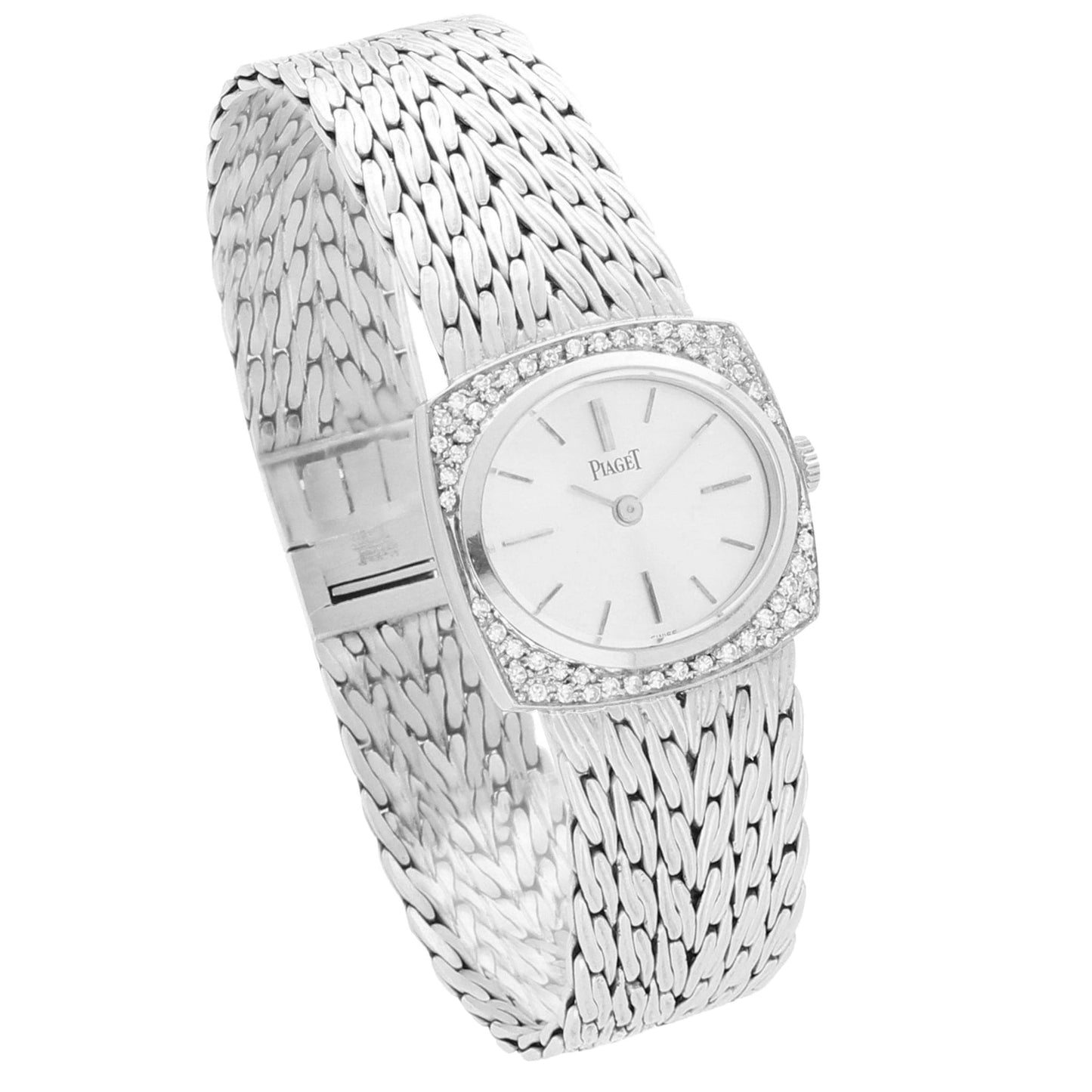 18ct white gold and diamond set Piaget ref. 9545 'cushion cased' bracelet watch. Made 1970s