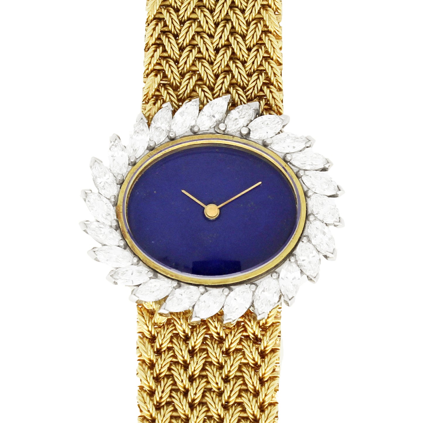 18ct yellow gold Ulysee Nardin, diamond set bracelet watch with lapis lazuli dial. Made 1970's