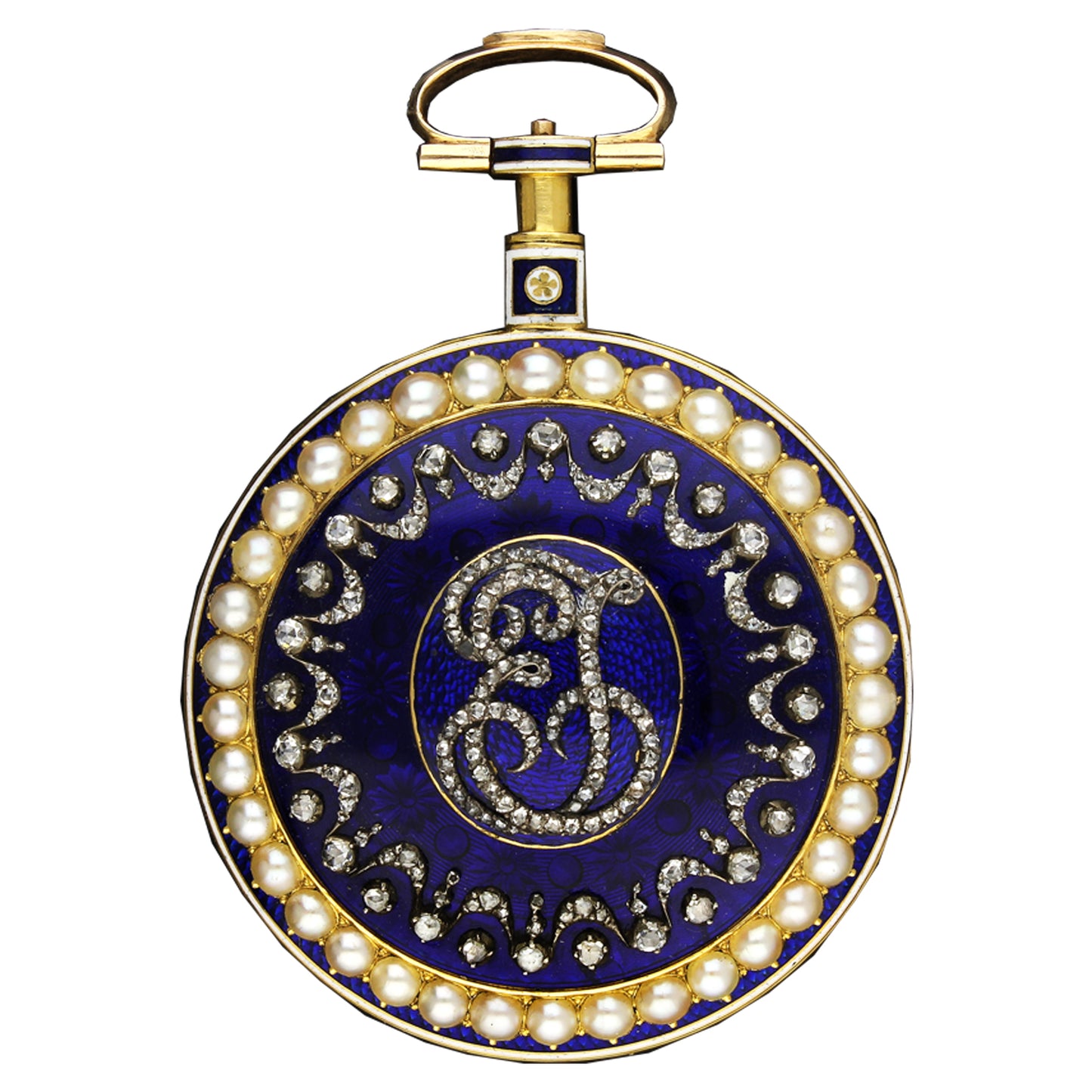 18ct yellow gold Jefferys & Jones enamel, diamond and pearl set open face pocket watch. Circa 1780