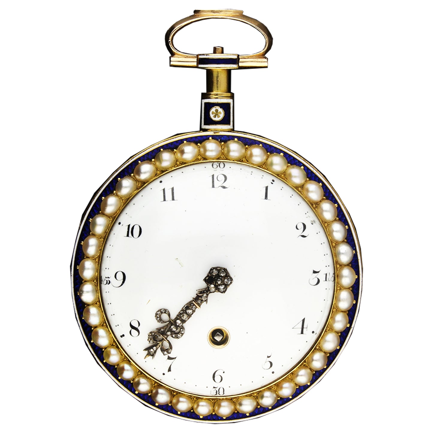 18ct yellow gold Jefferys & Jones enamel, diamond and pearl set open face pocket watch. Circa 1780
