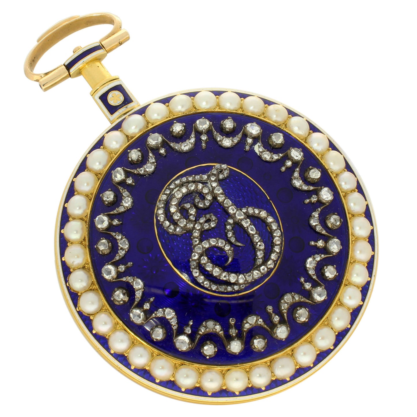 18ct yellow gold Jefferys & Jones enamel, diamond and pearl set open face pocket watch. Circa 1780