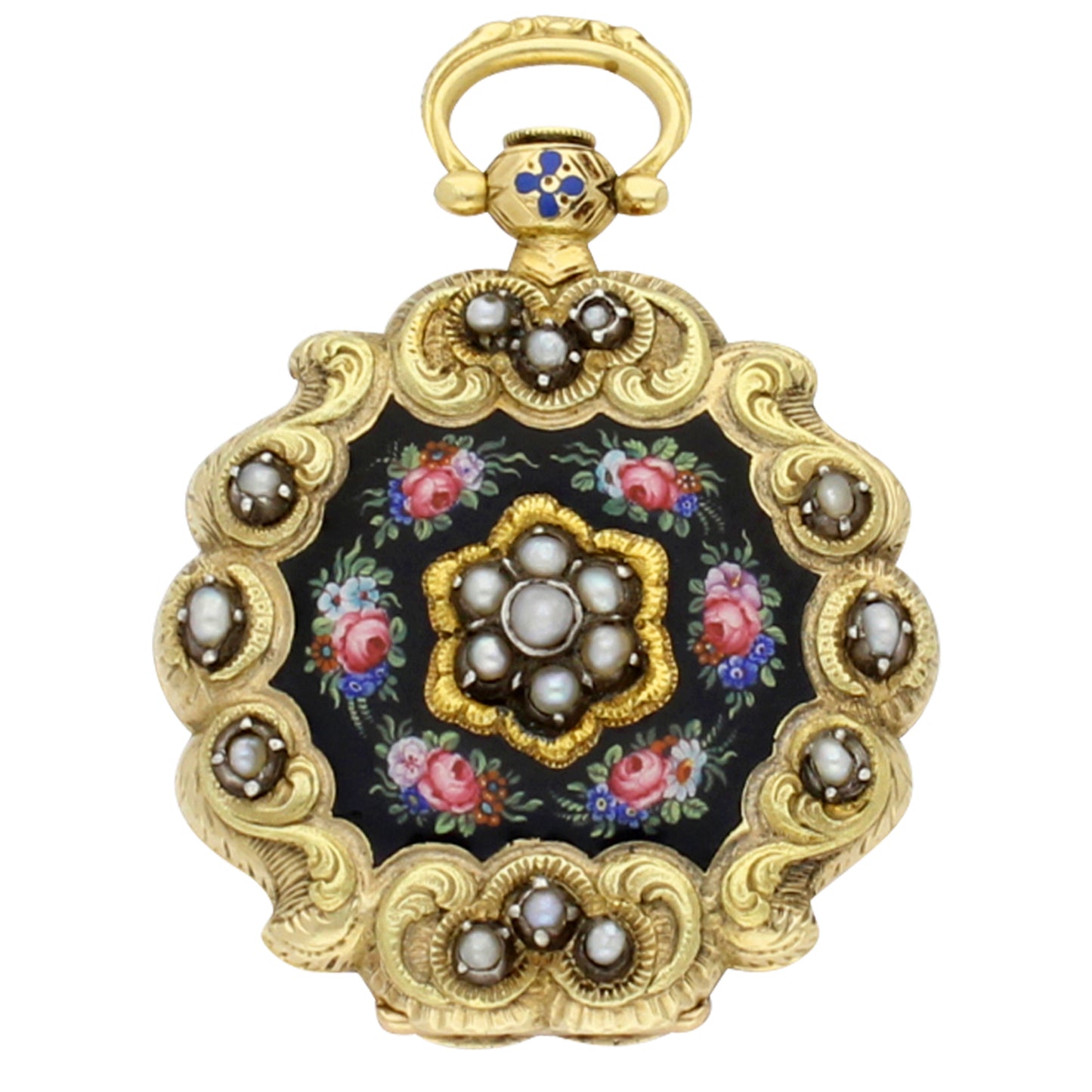 18ct yellow gold Swiss, enamel and pearl set scalloped edge fob watch. Made 1840