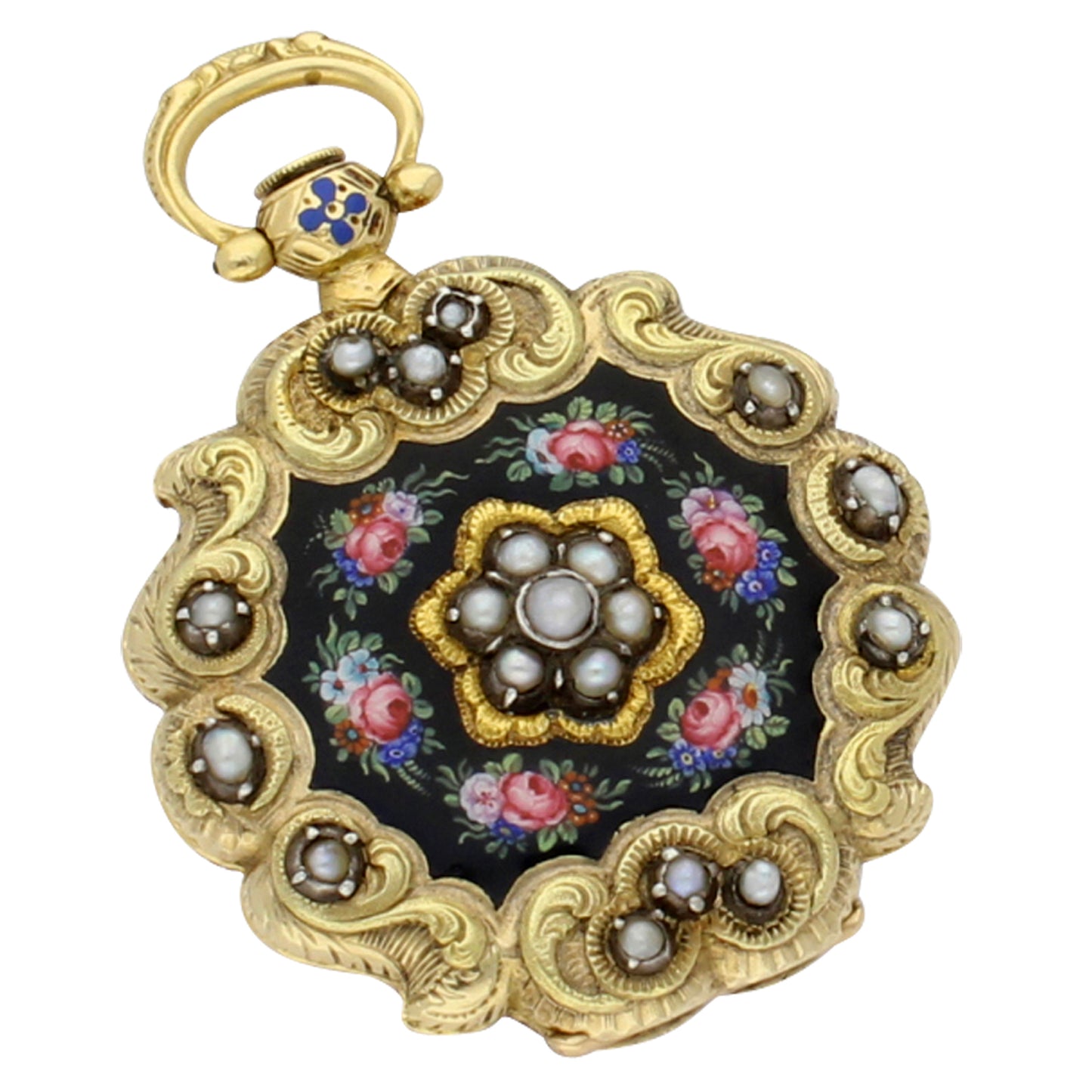 18ct yellow gold Swiss, enamel and pearl set scalloped edge fob watch. Made 1840