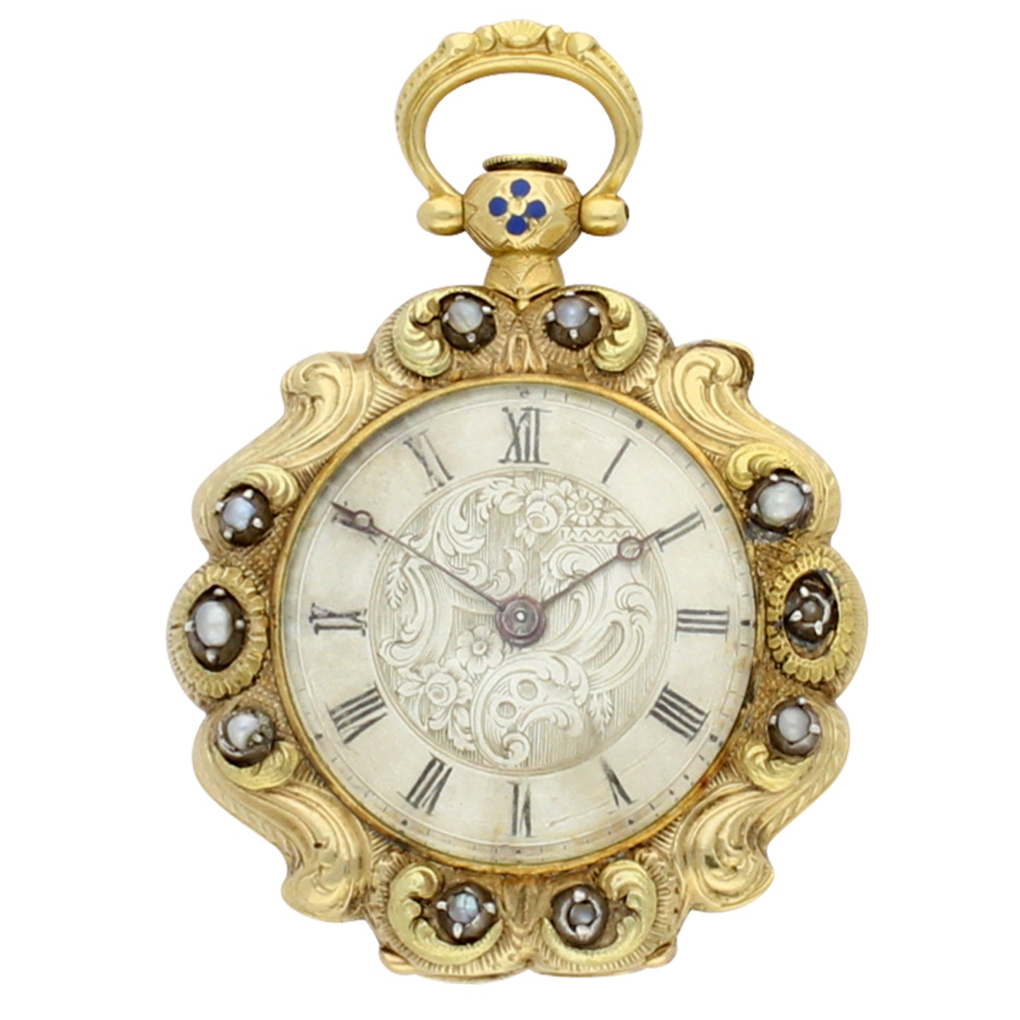 18ct yellow gold Swiss, enamel and pearl set scalloped edge fob watch. Made 1840