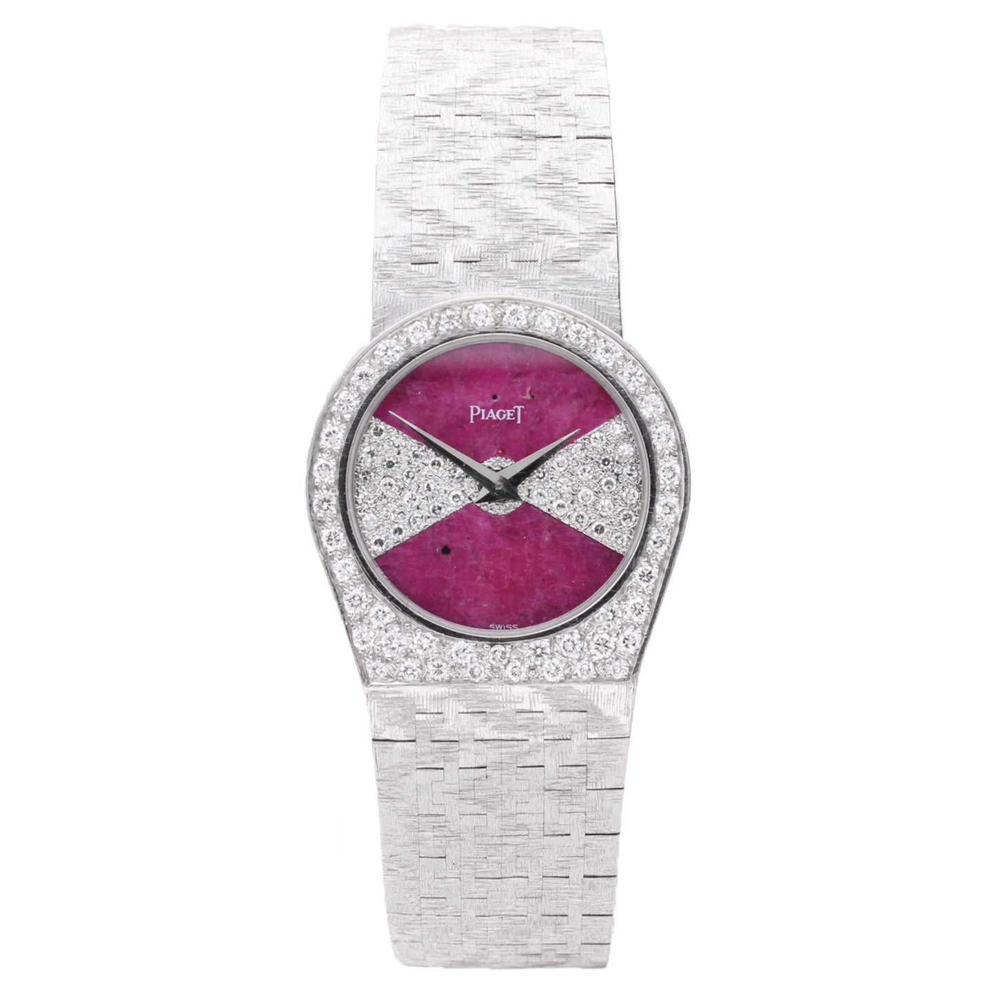 18ct white gold Piaget ref. 90810 diamond and ruby set dial and diamond set bezel bracelet watch. Made 1970