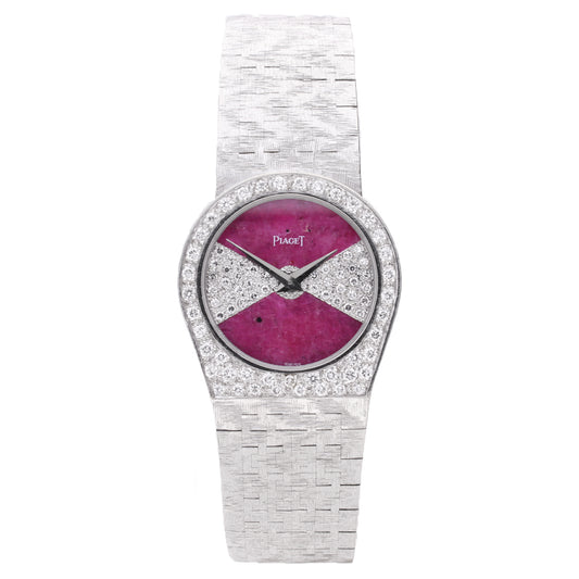 18ct white gold Piaget ref. 90810 diamond and ruby set dial and diamond set bezel bracelet watch. Made 1970