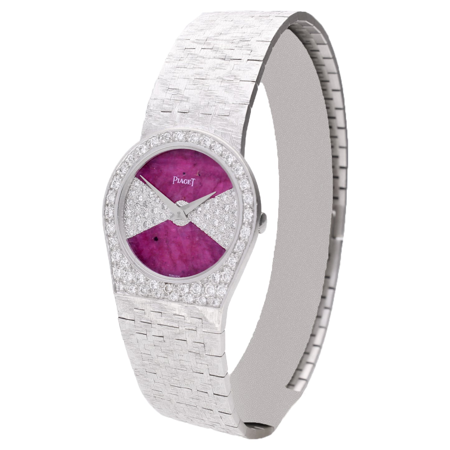 18ct white gold Piaget ref. 90810 diamond and ruby set dial and diamond set bezel bracelet watch. Made 1970