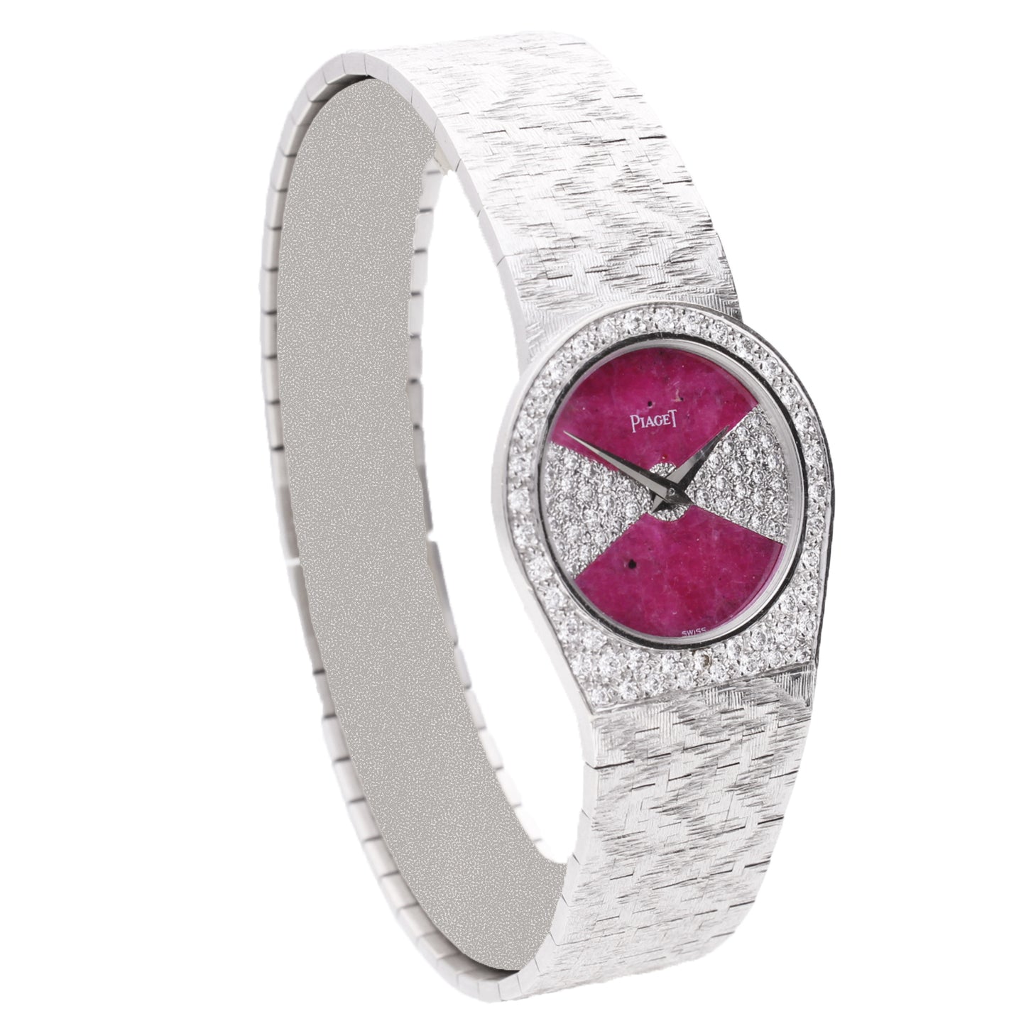 18ct white gold Piaget ref. 90810 diamond and ruby set dial and diamond set bezel bracelet watch. Made 1970