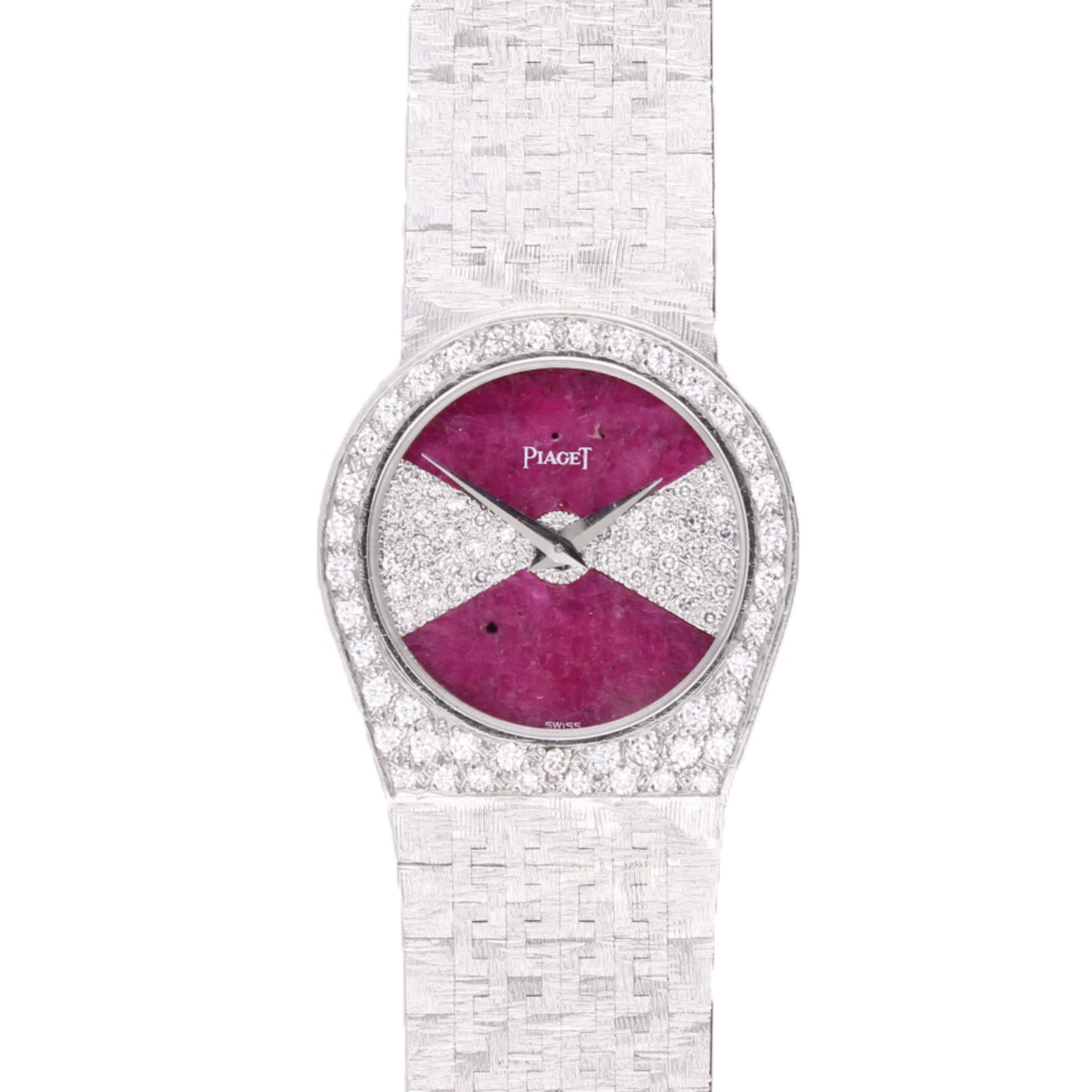 18ct white gold Piaget ref. 90810 diamond and ruby set dial and diamond set bezel bracelet watch. Made 1970