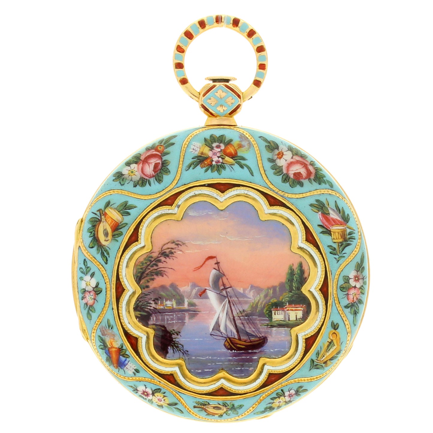 18ct yellow gold Swiss enamel set open face pocketwatch. Made 1840's