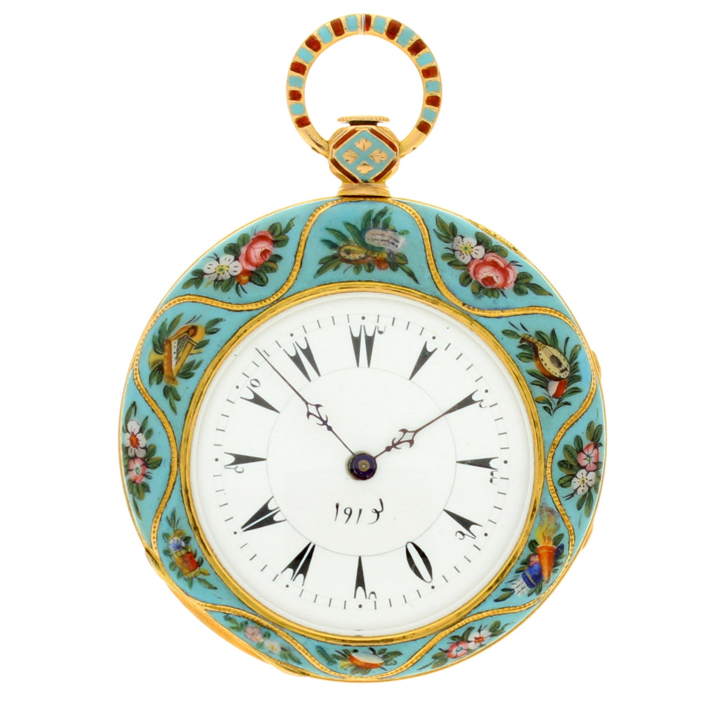 18ct yellow gold Swiss enamel set open face pocketwatch. Made 1840's