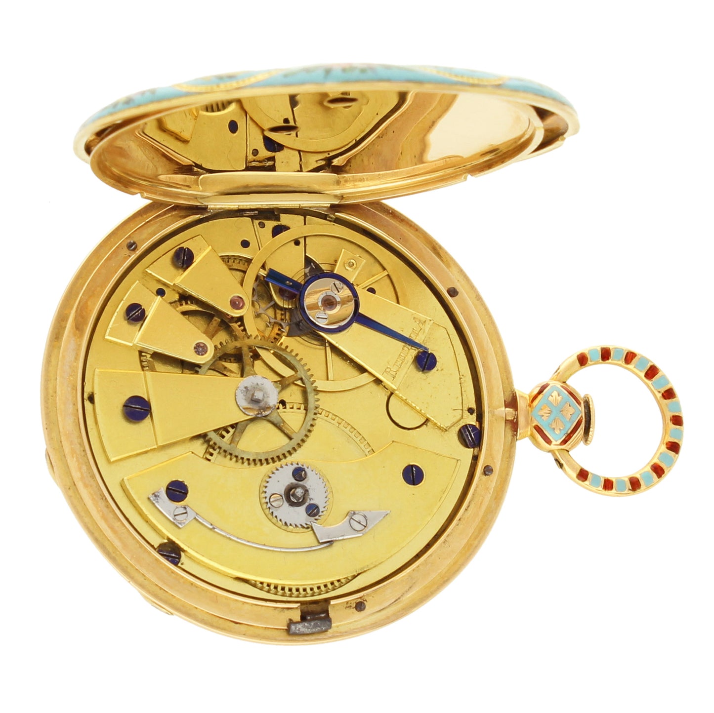 18ct yellow gold Swiss enamel set open face pocketwatch. Made 1840's