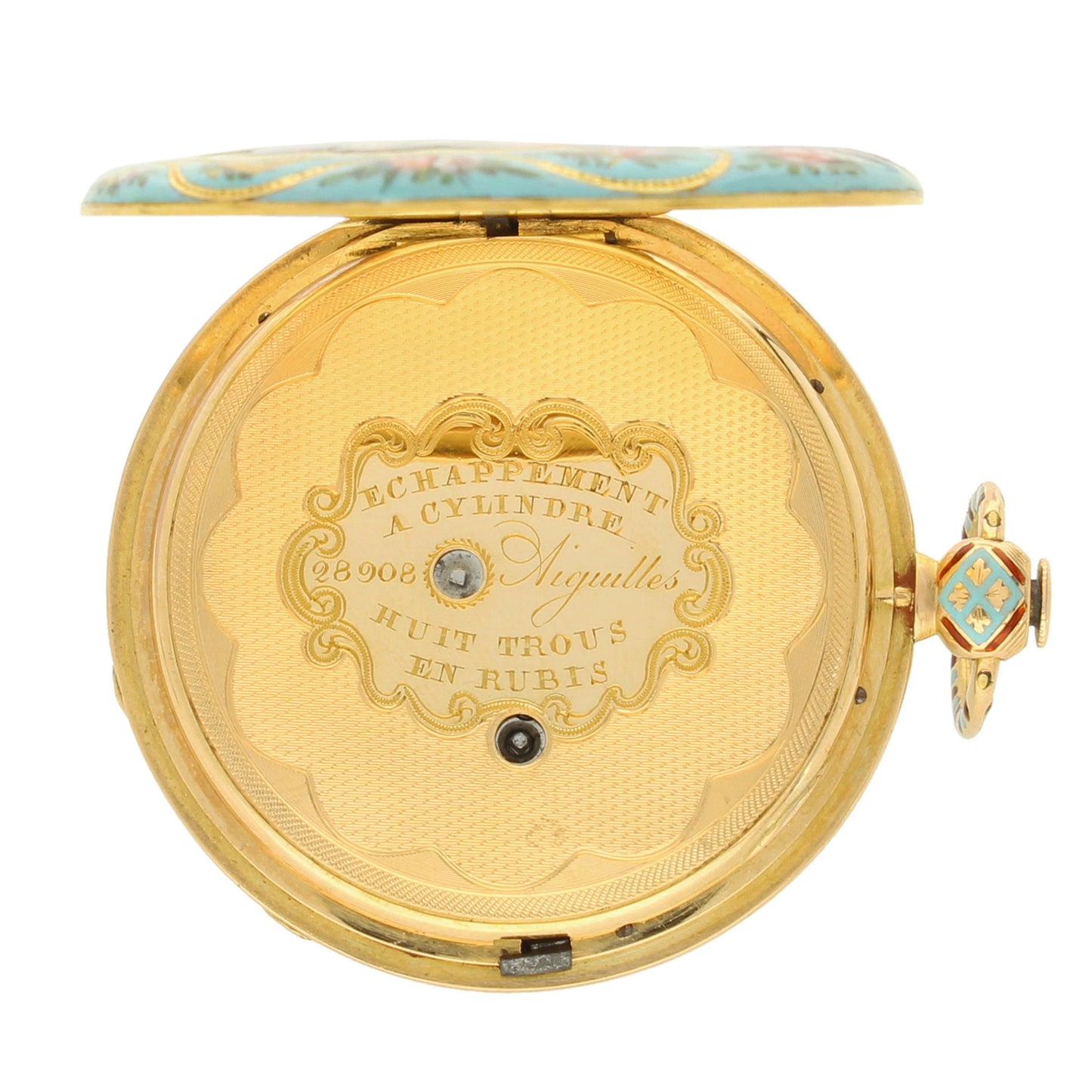 18ct yellow gold Swiss enamel set open face pocketwatch. Made 1840's