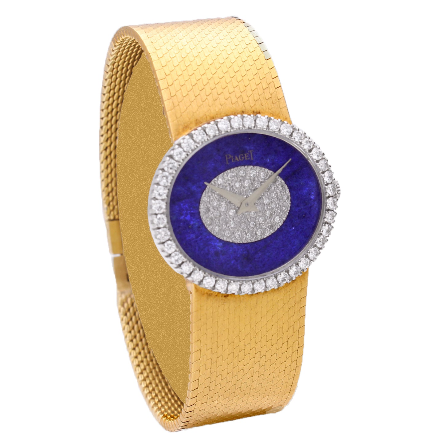 18ct yellow gold Piaget ref. 9806 diamond and lapis lazuli dial bracelet watch. Made 1970