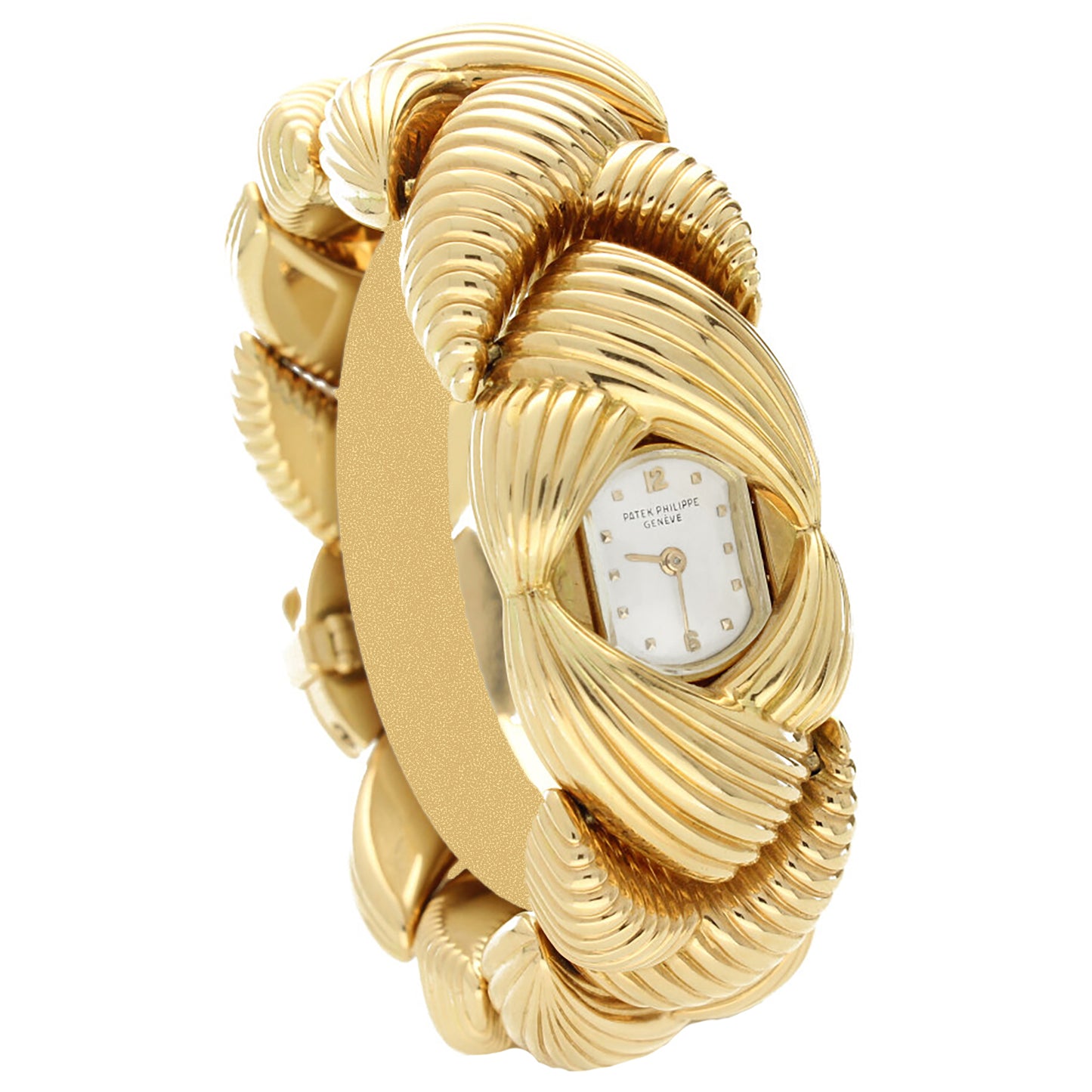 18ct rose gold Patek Philippe ref. 3100 'Scallop' link bracelet watch. Made 1958