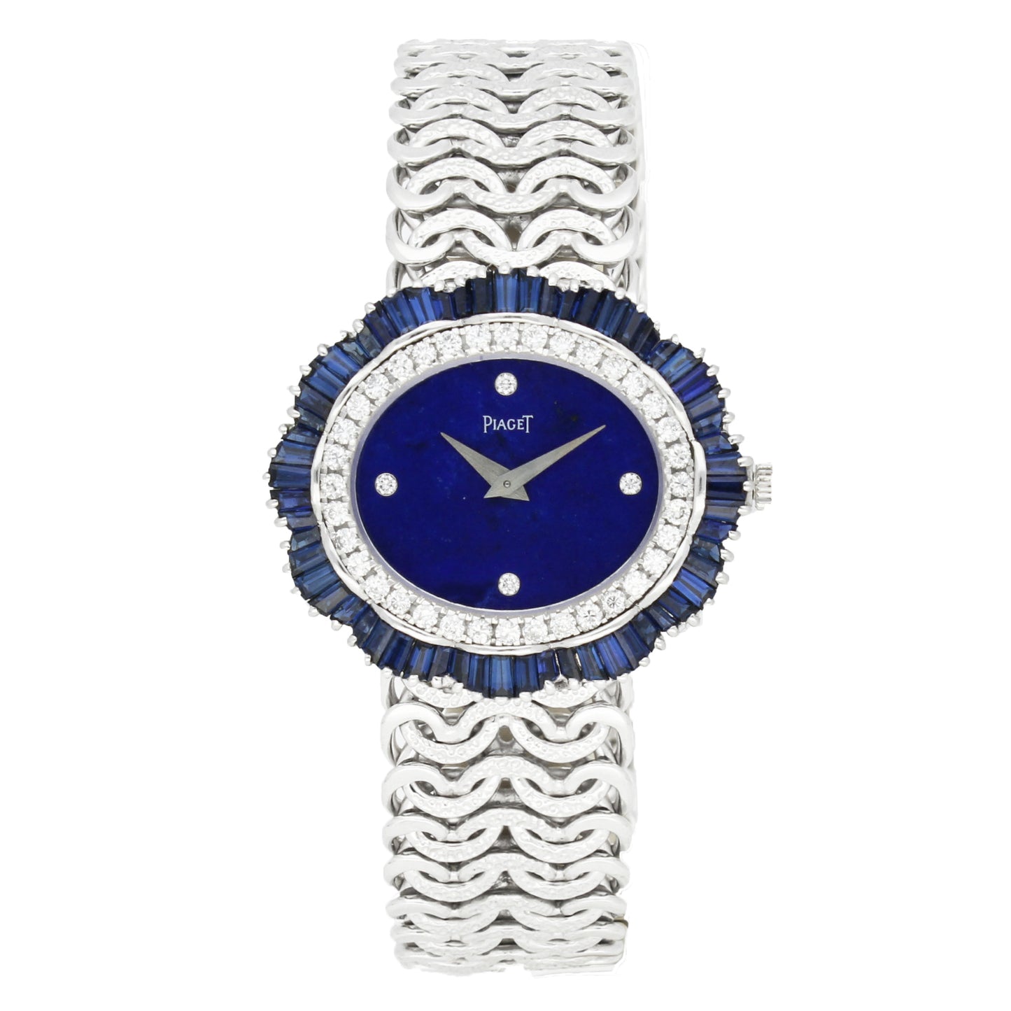 18ct white gold Piaget ref. 9317 'oval cased' with lapis lazuli dial and diamond and sapphire set bezel bracelet watch. Made 1970's