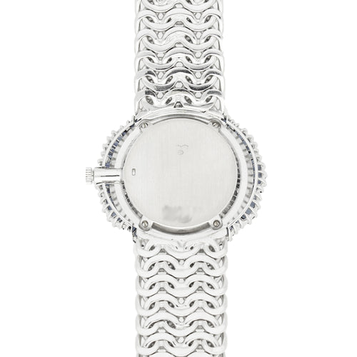 18ct white gold Piaget ref. 9317 'oval cased' with lapis lazuli dial and diamond and sapphire set bezel bracelet watch. Made 1970's