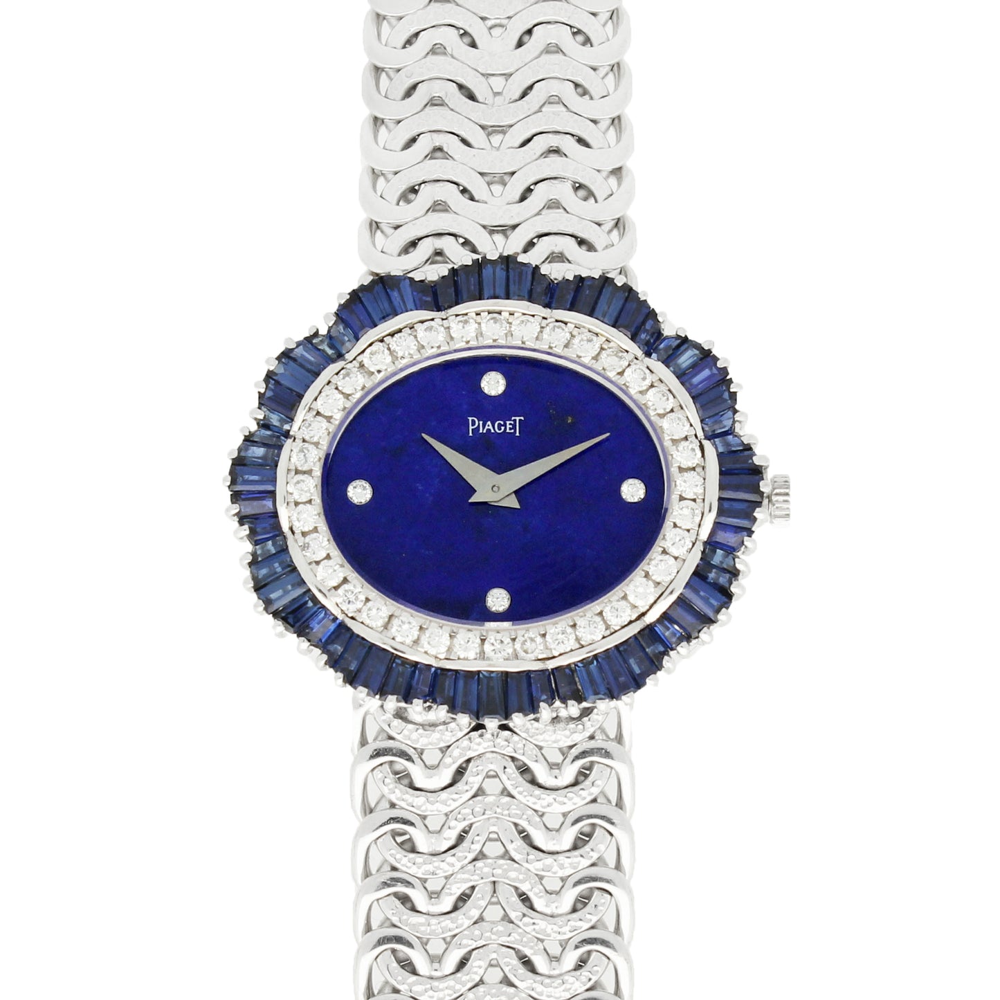 18ct white gold Piaget ref. 9317 'oval cased' with lapis lazuli dial and diamond and sapphire set bezel bracelet watch. Made 1970's