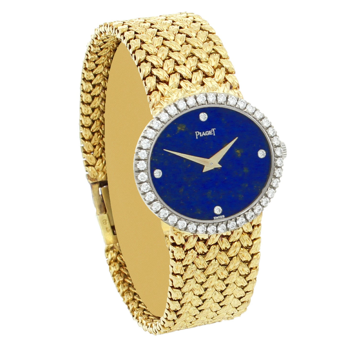 18ct yellow gold Piaget ref. 9806 'oval cased' bracelet watch with lapis lazuli dial and diamond set bezel. Made 1970s