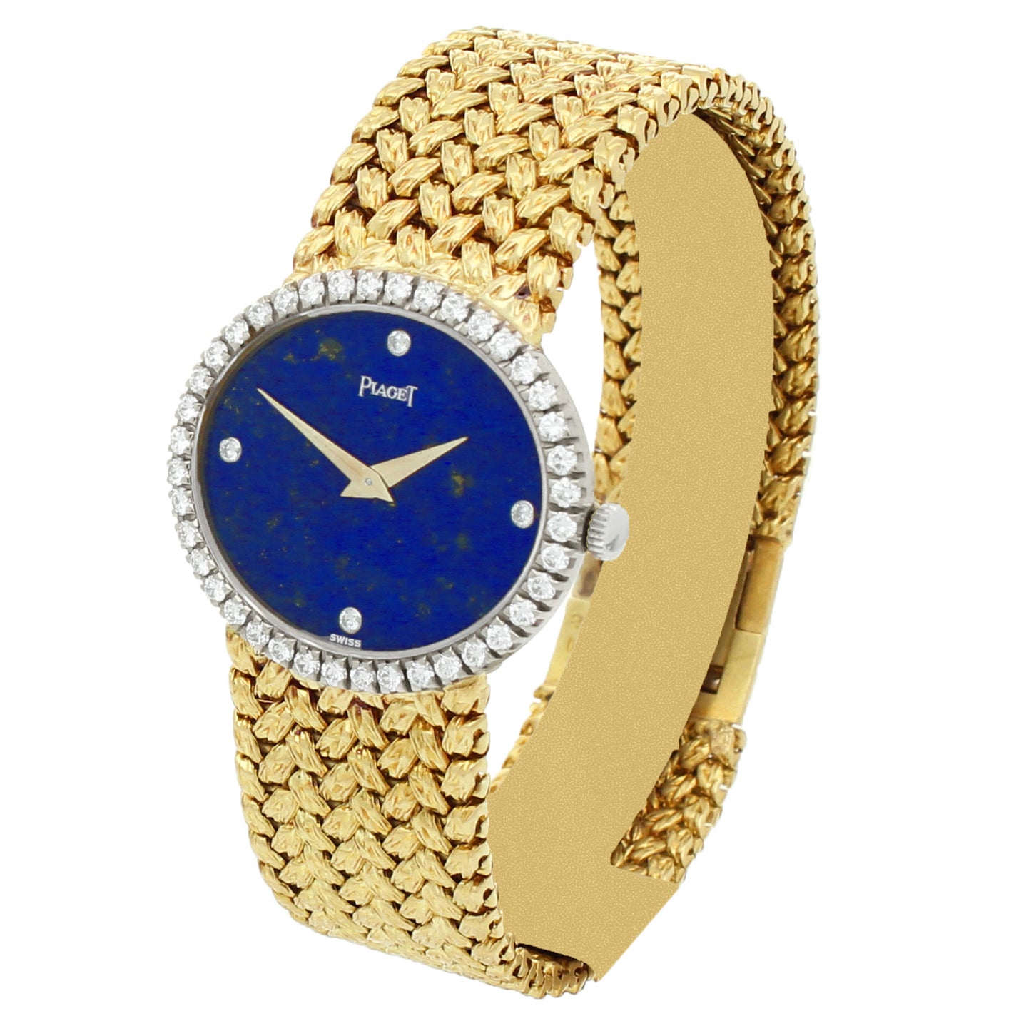 18ct yellow gold Piaget ref. 9806 'oval cased' bracelet watch with lapis lazuli dial and diamond set bezel. Made 1970s