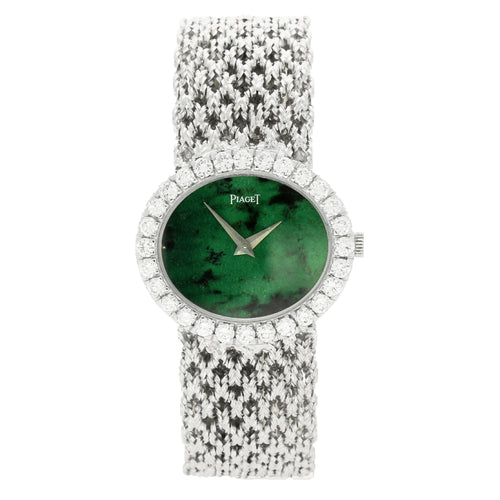 18ct white gold Piaget ref. 9804 'oval cased with jadeite dial and diamond set bezel bracelet watch. Made 1970's
