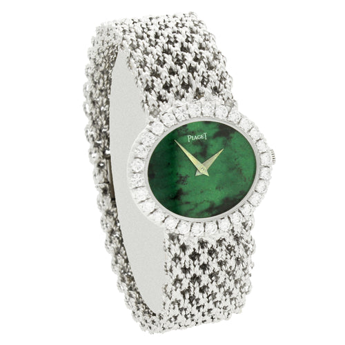18ct white gold Piaget ref. 9804 'oval cased with jadeite dial and diamond set bezel bracelet watch. Made 1970's
