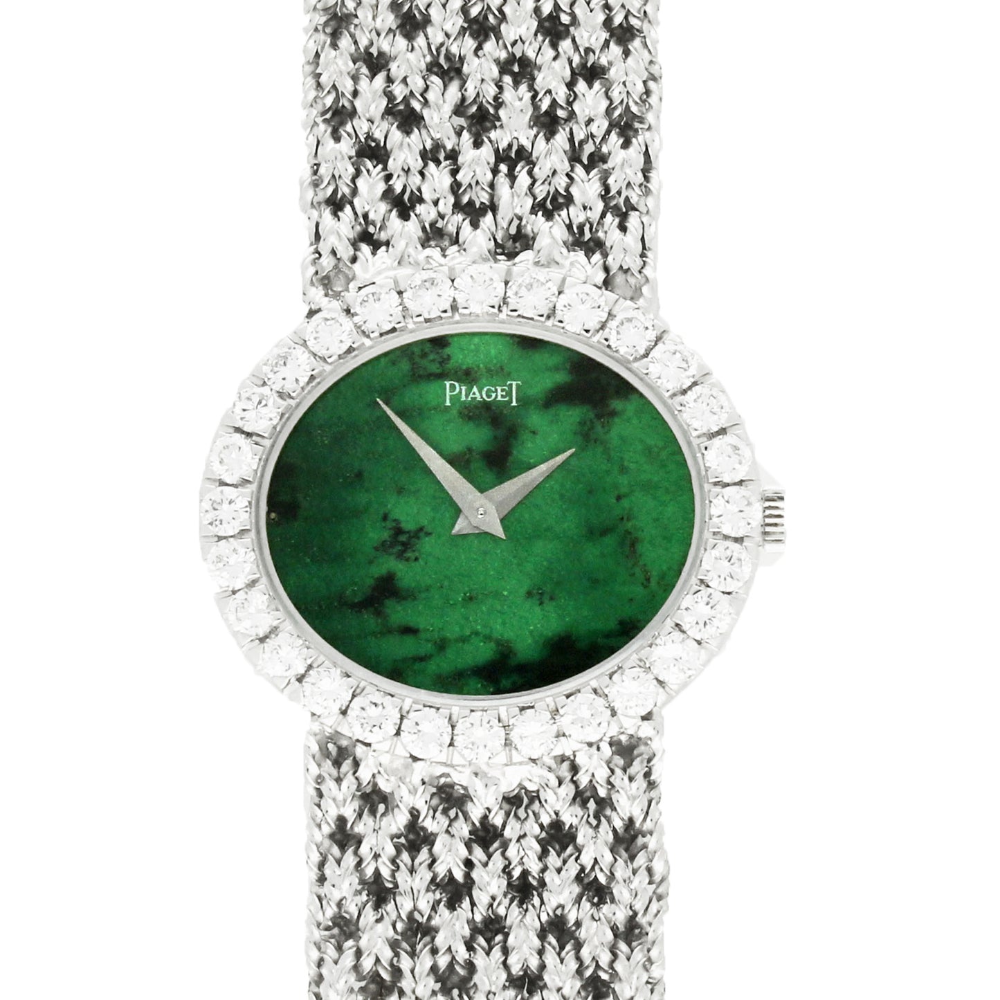 18ct white gold Piaget ref. 9804 'oval cased with jadeite dial and diamond set bezel bracelet watch. Made 1970's