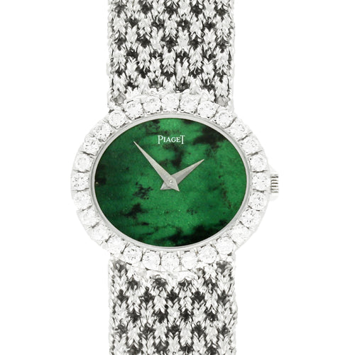 18ct white gold Piaget ref. 9804 'oval cased with jadeite dial and diamond set bezel bracelet watch. Made 1970's