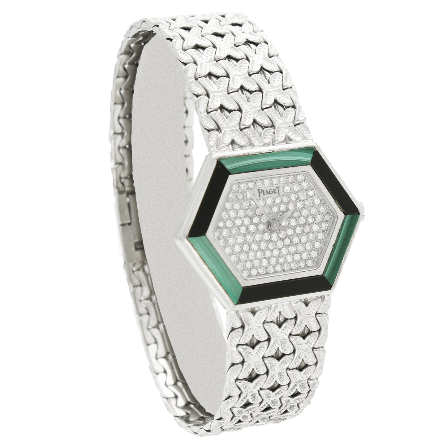 18ct white gold 'hexagonal cased' Piaget ref. 9553 with diamond set dial and malachite and onyx bezel bracelet watch. Made 1970's