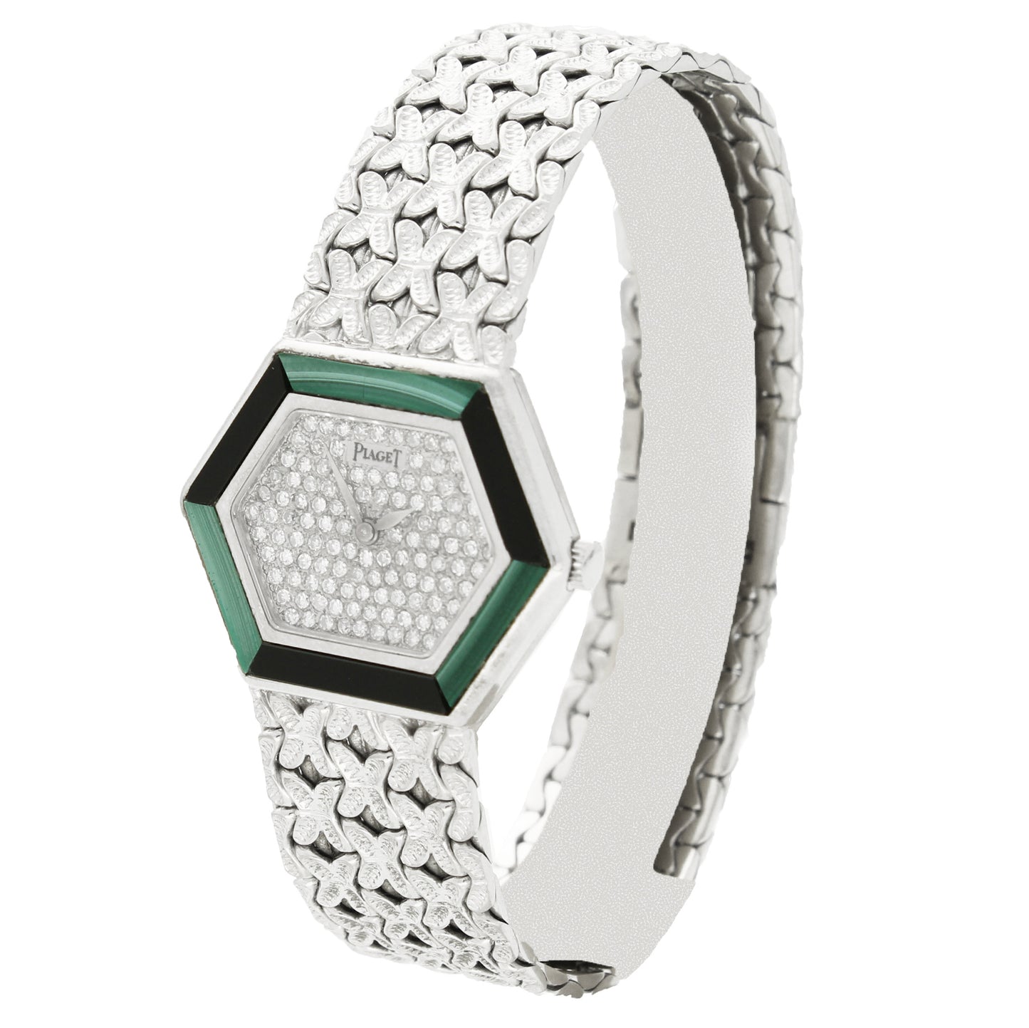 18ct white gold 'hexagonal cased' Piaget ref. 9553 with diamond set dial and malachite and onyx bezel bracelet watch. Made 1970's