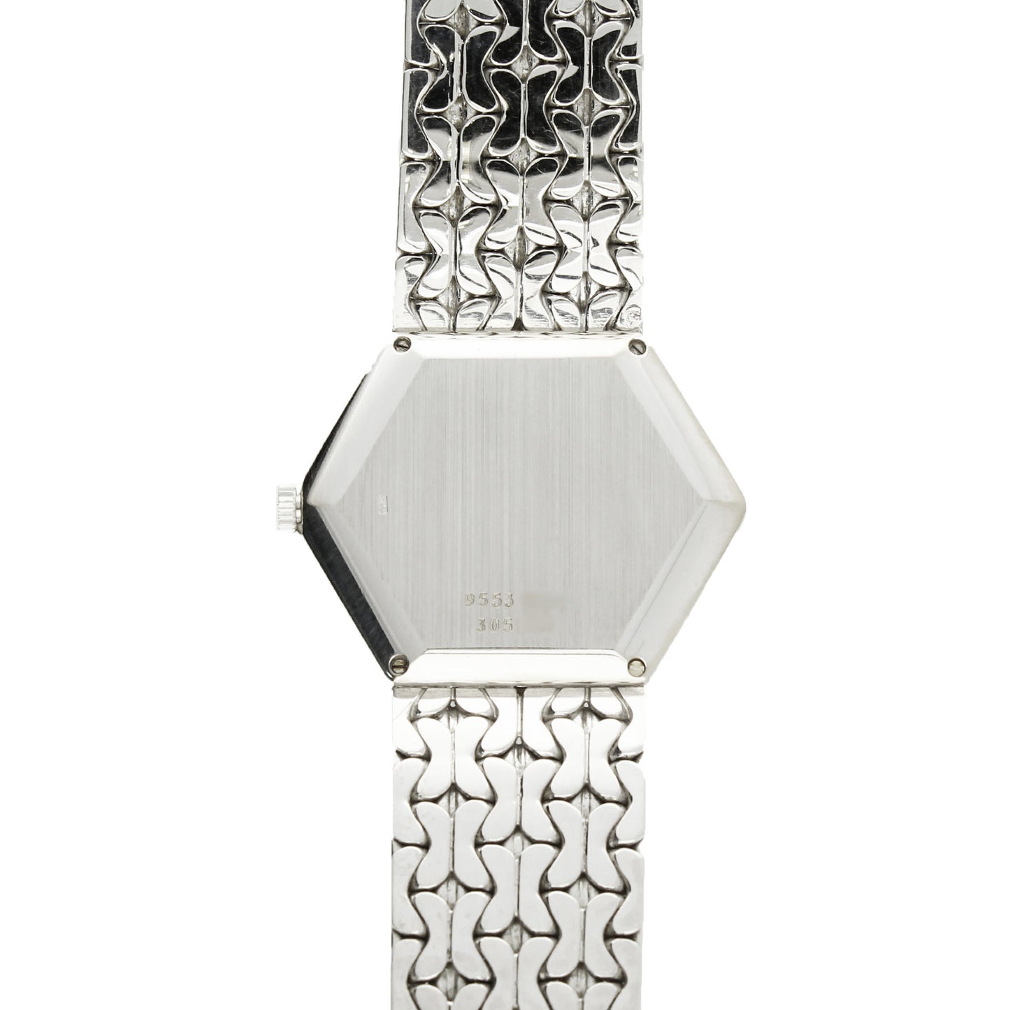 18ct white gold 'hexagonal cased' Piaget ref. 9553 with diamond set dial and malachite and onyx bezel bracelet watch. Made 1970's