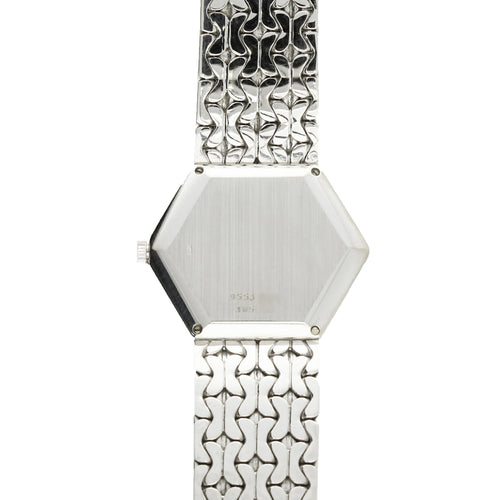 18ct white gold 'hexagonal cased' Piaget ref. 9553 with diamond set dial and malachite and onyx bezel bracelet watch. Made 1970's