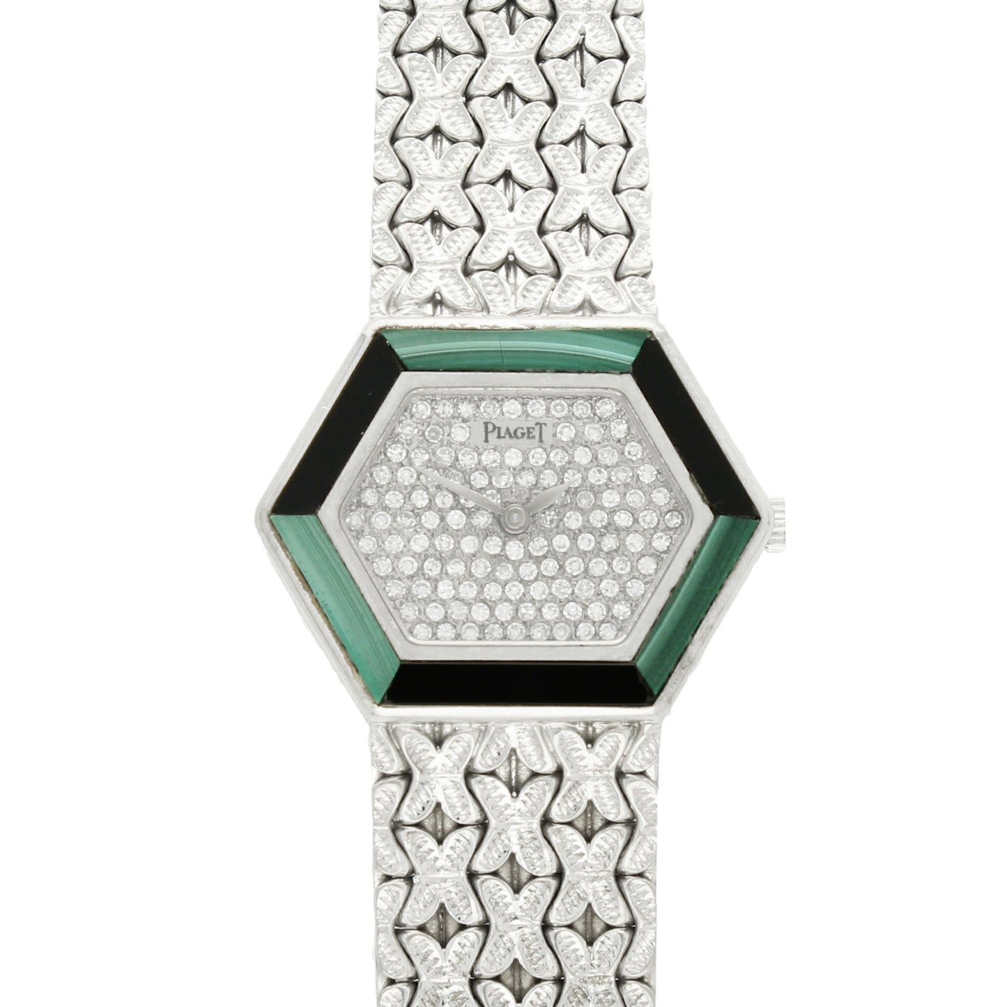 18ct white gold 'hexagonal cased' Piaget ref. 9553 with diamond set dial and malachite and onyx bezel bracelet watch. Made 1970's