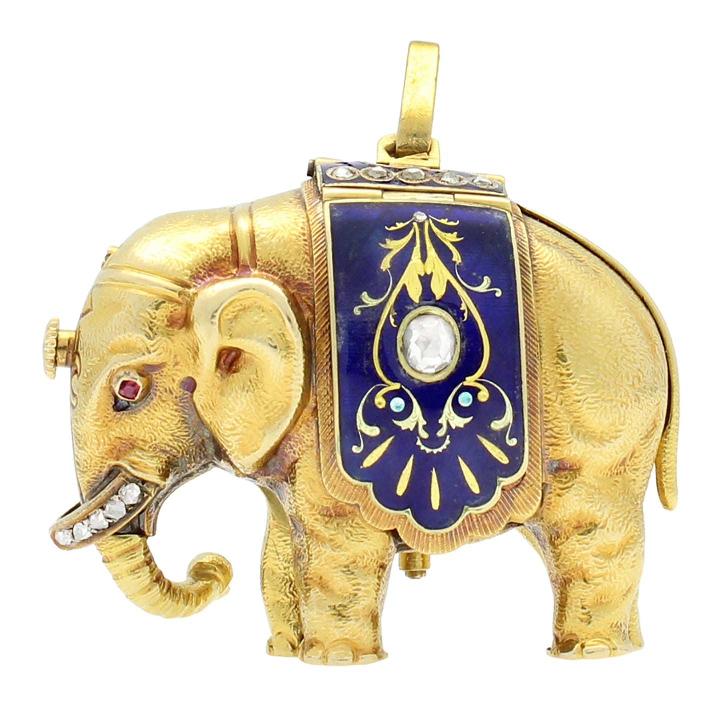 18ct yellow gold and enamel set Swiss form watch in the shape of an Elephant, made for the Chinese Market. Made 1820's