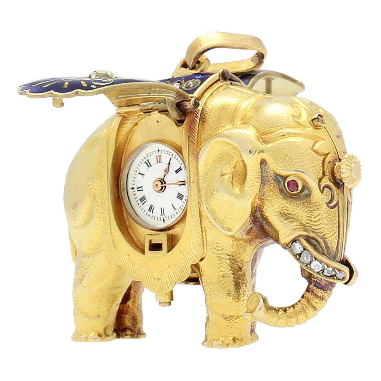 18ct yellow gold and enamel set Swiss form watch in the shape of an Elephant, made for the Chinese Market. Made 1820's