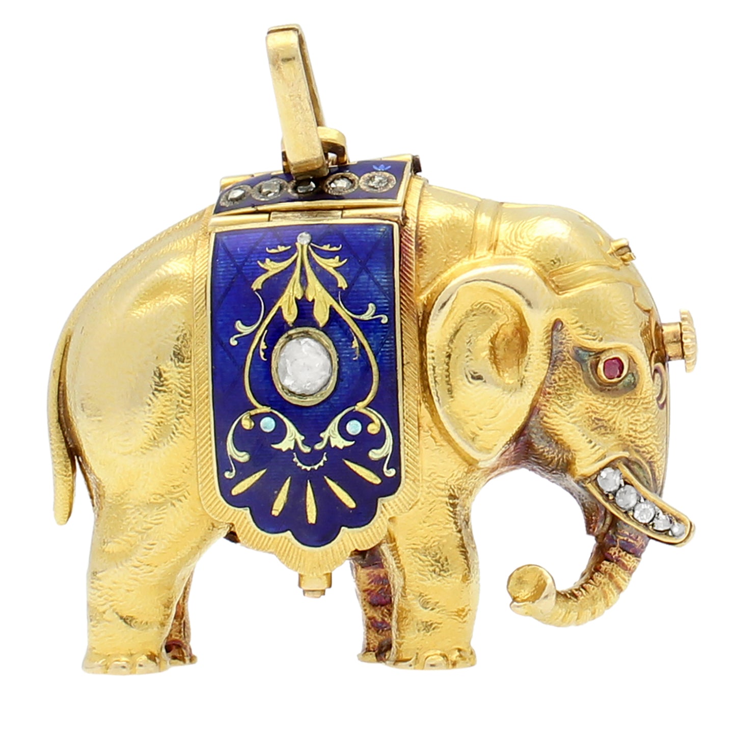 18ct yellow gold and enamel set Swiss form watch in the shape of an Elephant, made for the Chinese Market. Made 1820's