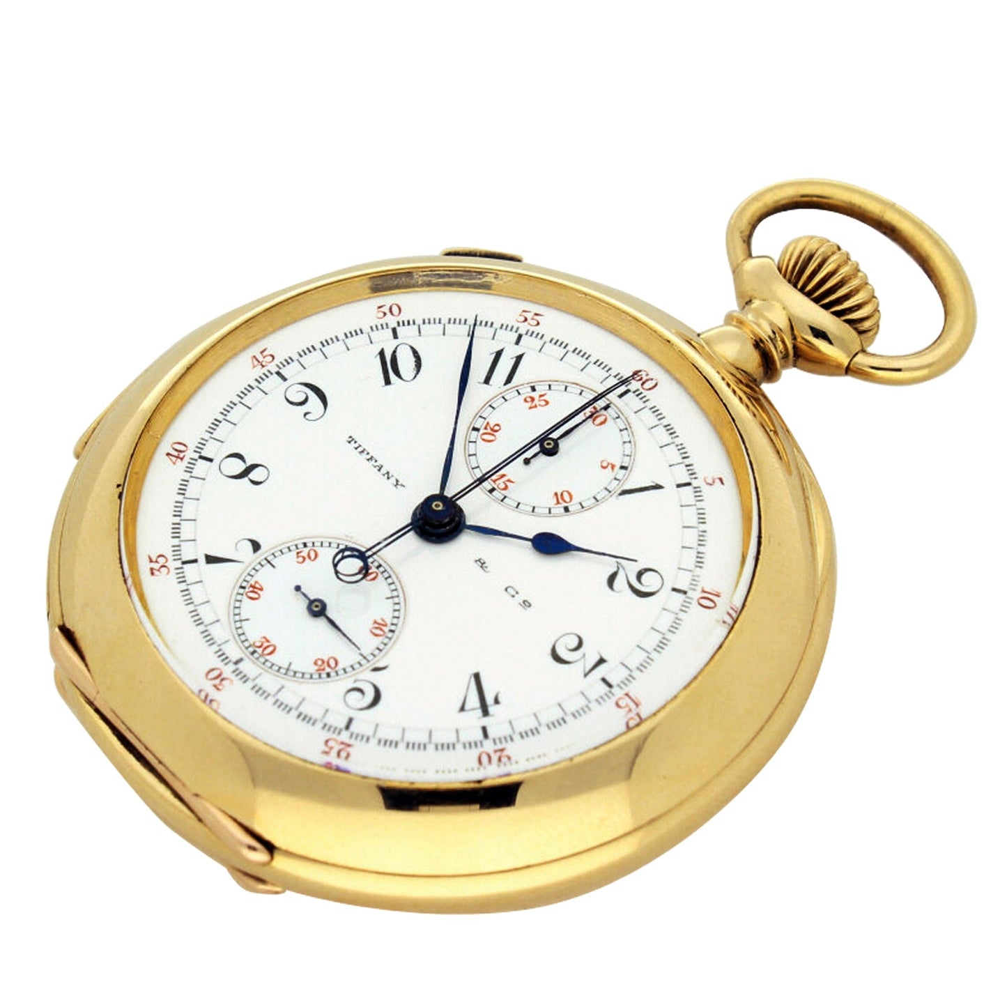 18ct yellow gold Patek Philippe open face split second minute repeating pocket watch, retailed by TIFFANY & Co. Made 1903