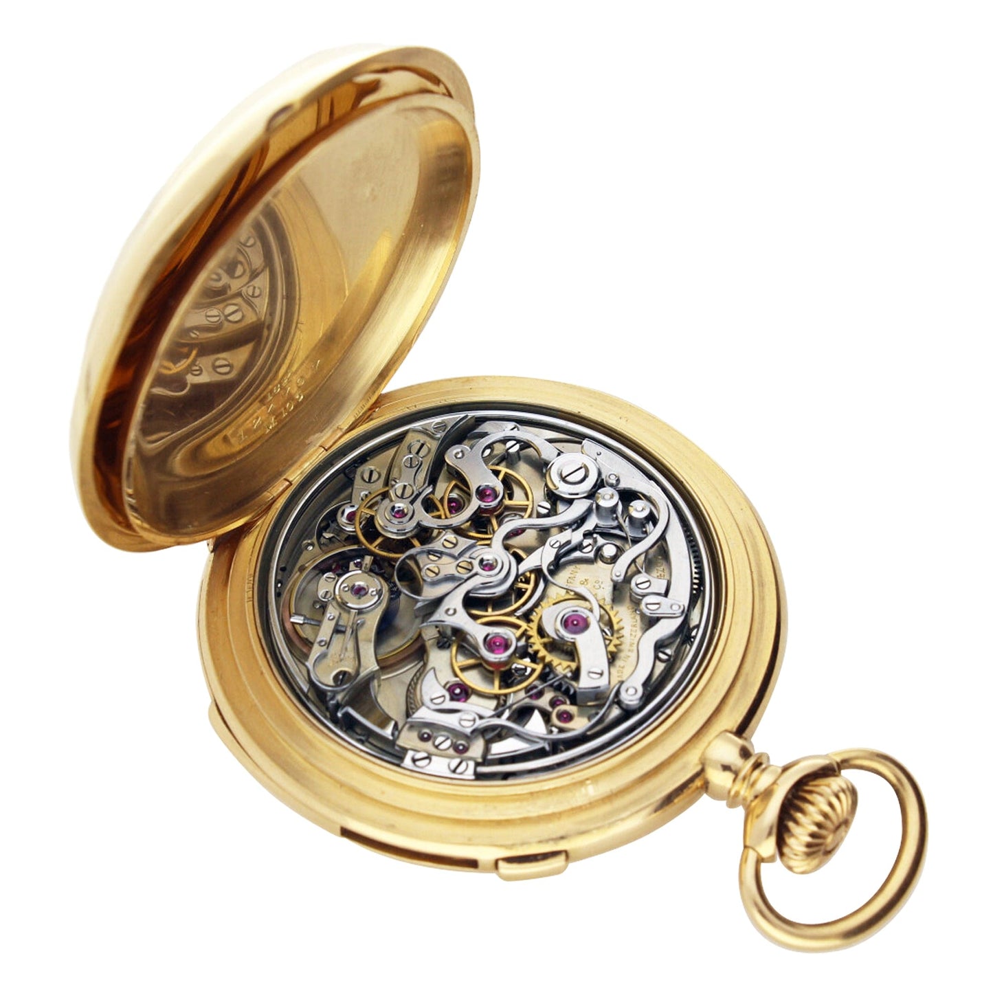 18ct yellow gold Patek Philippe open face split second minute repeating pocket watch, retailed by TIFFANY & Co. Made 1903