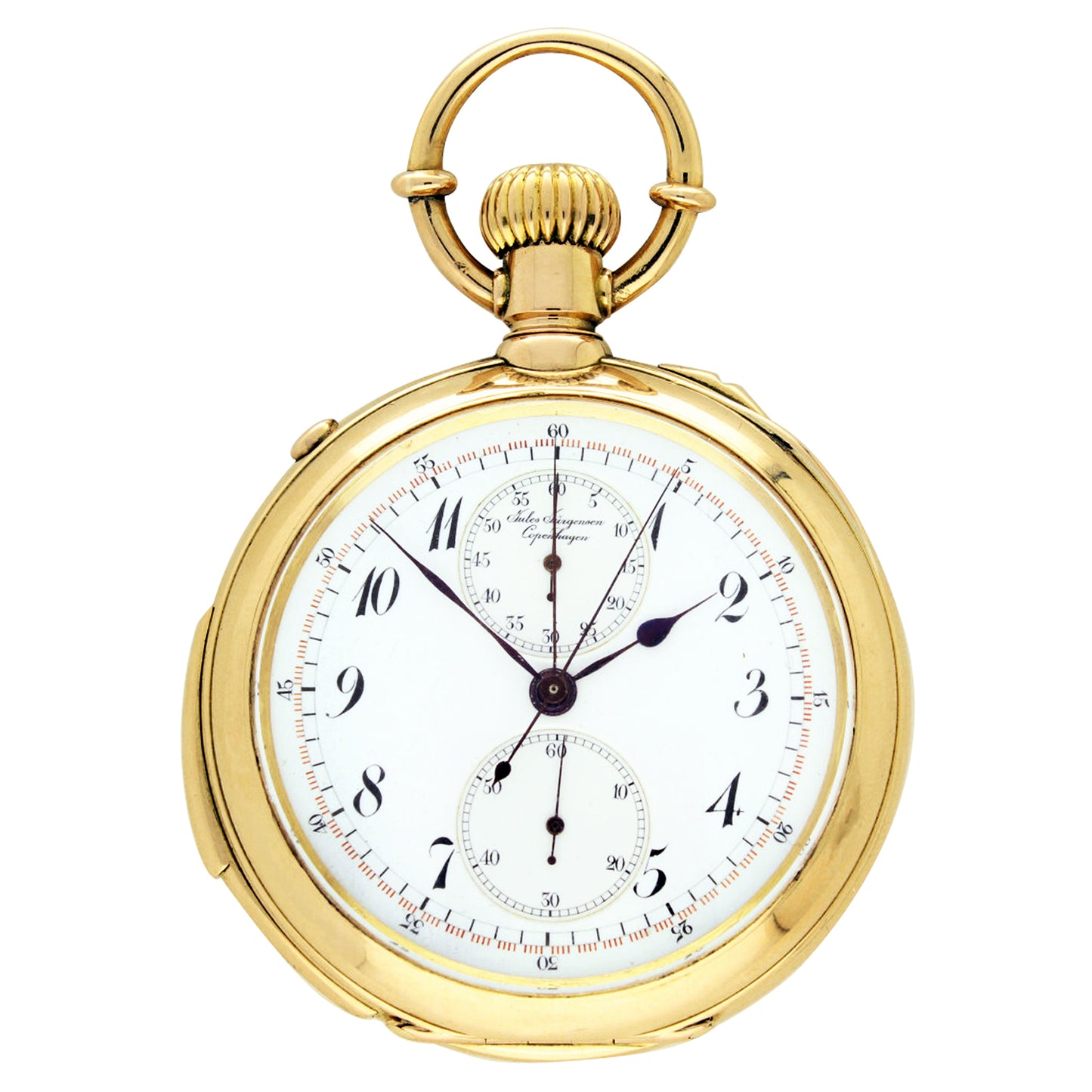 18ct yellow gold Jules Jürgensen minute repeating split seconds chronograph open face pocket watch. Made 1890