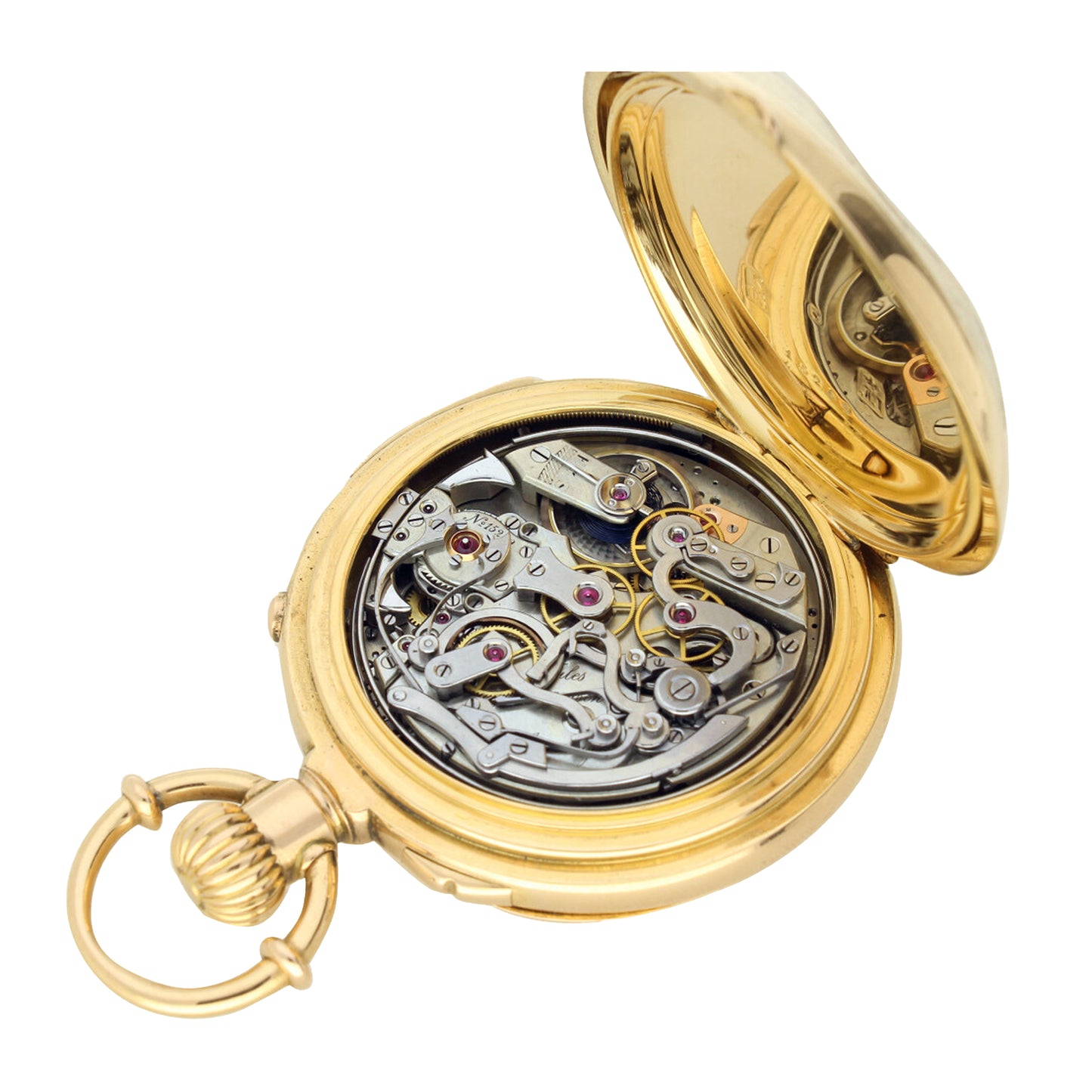 18ct yellow gold Jules Jürgensen minute repeating split seconds chronograph open face pocket watch. Made 1890