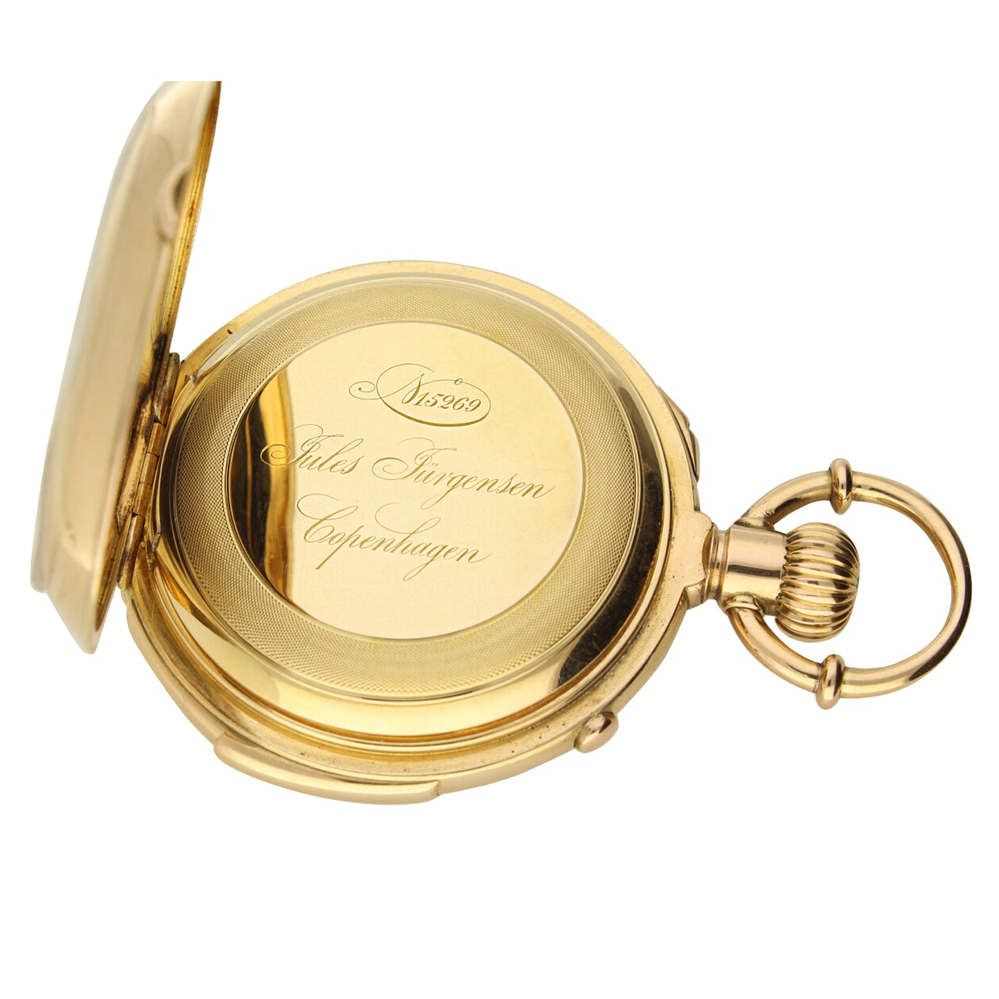 18ct yellow gold Jules Jürgensen minute repeating split seconds chronograph open face pocket watch. Made 1890