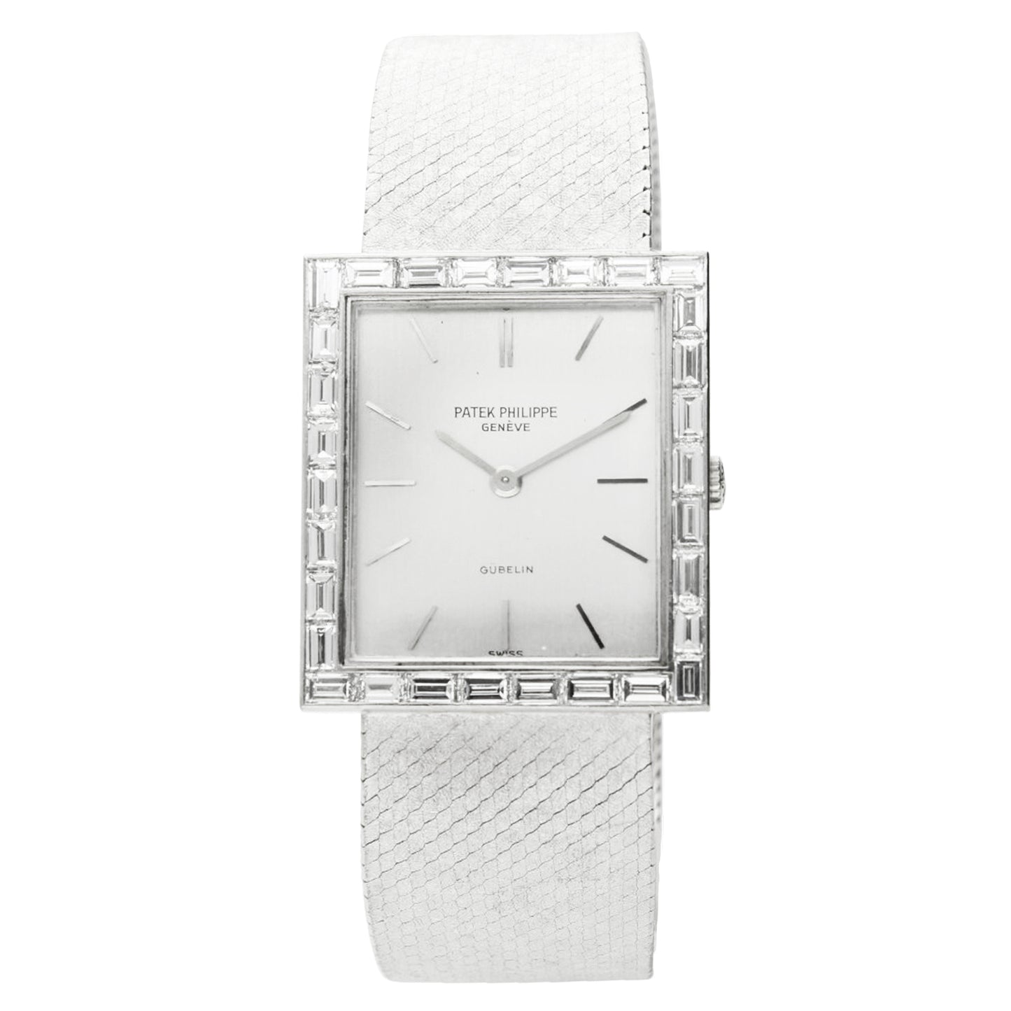18ct white gold Patek Philippe ref. 3540/2 bracelet watch with baguette diamond set bezel retailed by GÜBELIN. Made 1975