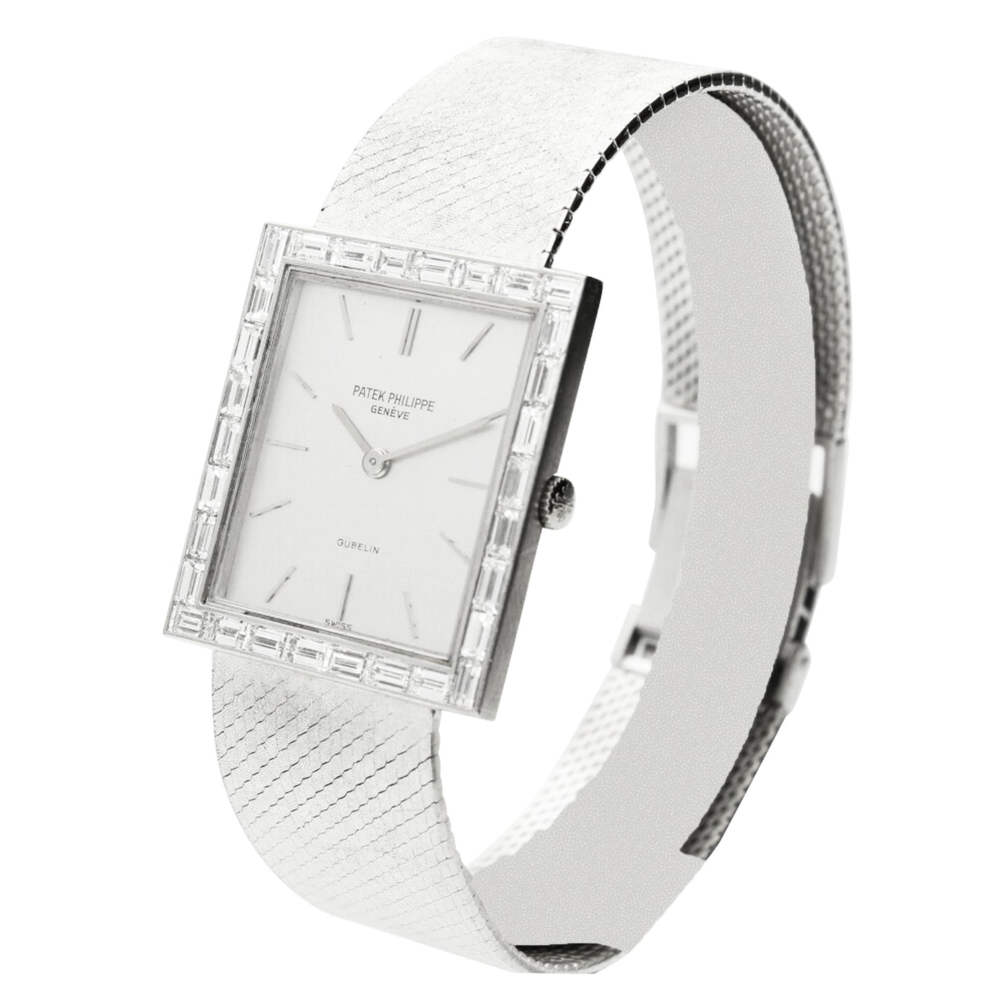 18ct white gold Patek Philippe ref. 3540/2 bracelet watch with baguette diamond set bezel retailed by GÜBELIN. Made 1975