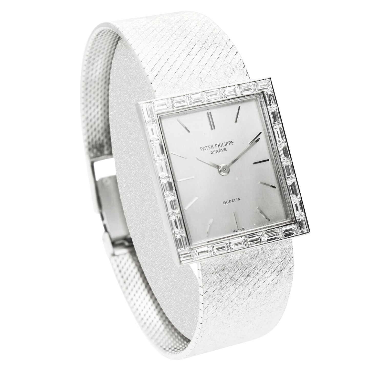 18ct white gold Patek Philippe ref. 3540/2 bracelet watch with baguette diamond set bezel retailed by GÜBELIN. Made 1975