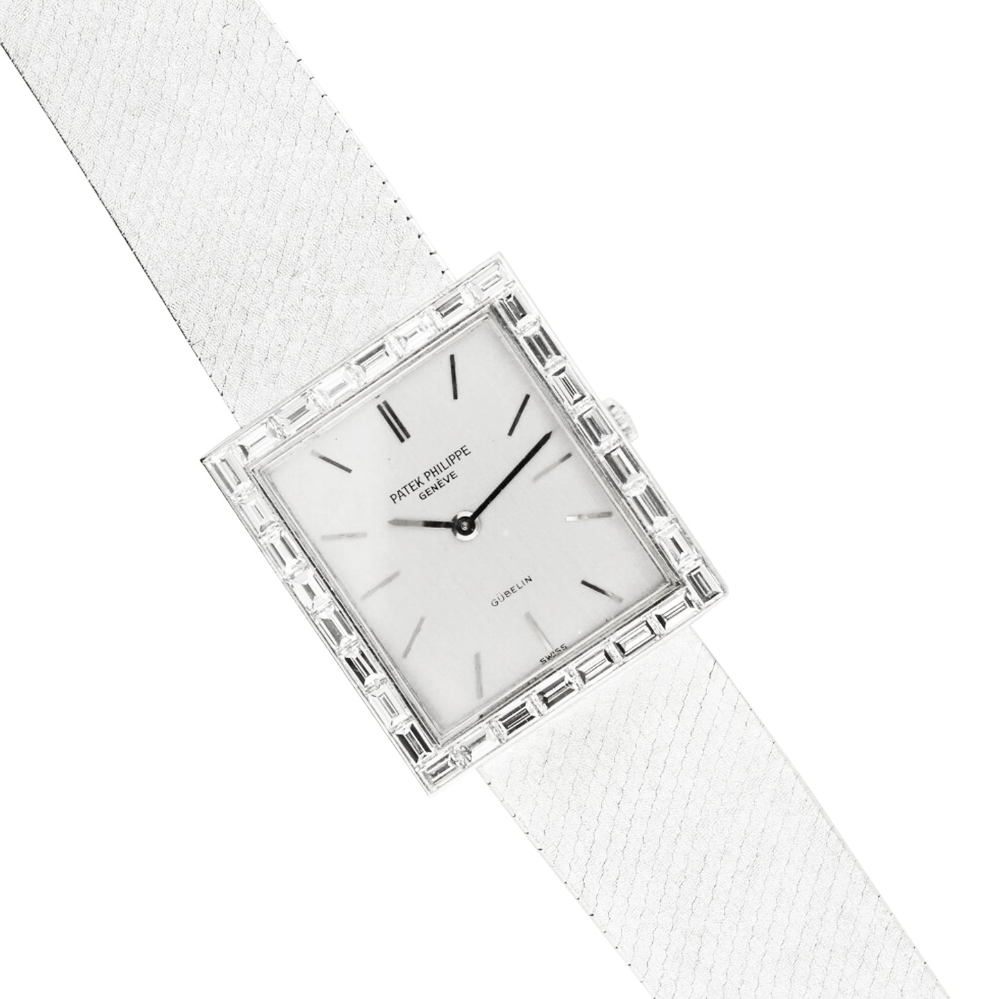 18ct white gold Patek Philippe ref. 3540/2 bracelet watch with baguette diamond set bezel retailed by GÜBELIN. Made 1975