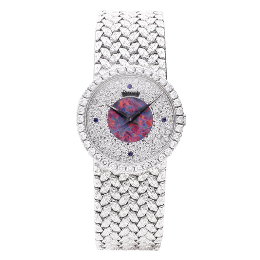 18ct white gold Piaget ref. 9706 opal and pave diamond dial bracelet watch. Made 1970