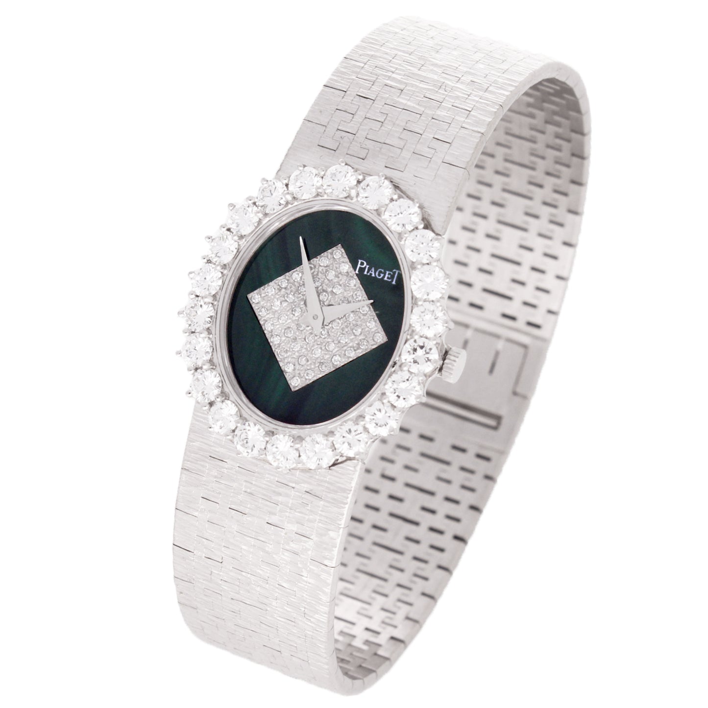 18ct white gold Piaget ref. 9338 diamond and malachite dial with diamond bezel bracelet watch. Made 1970