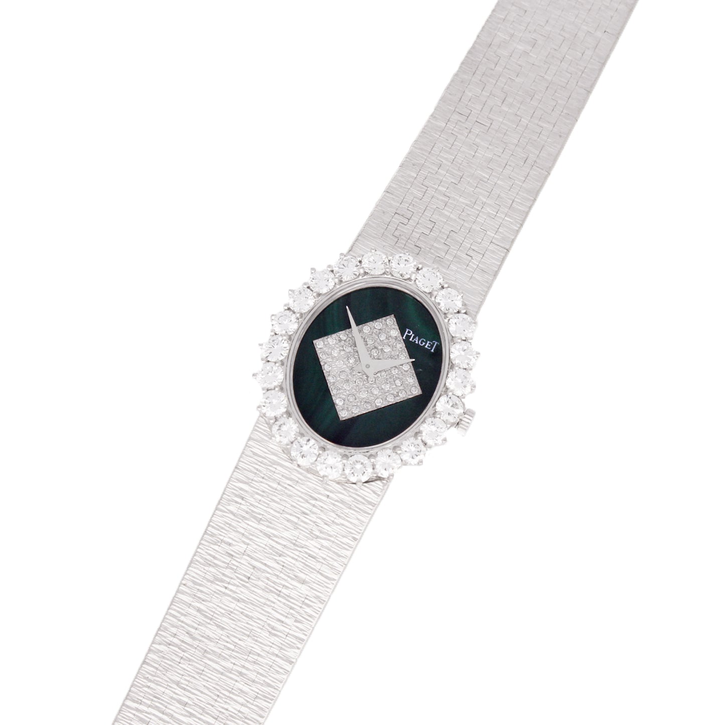 18ct white gold Piaget ref. 9338 diamond and malachite dial with diamond bezel bracelet watch. Made 1970