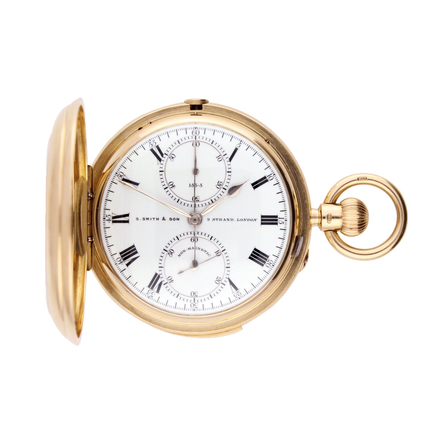 18ct yellow gold hunter case, keyless wind minute repeating chronograph pocket watch. Made 1898